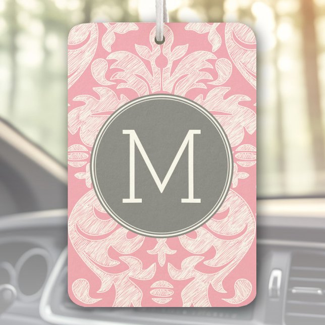 Pastel Pink & Gray Damask Pattern Custom Monogram Car Air Freshener (Personalized Car Air Freshener)
