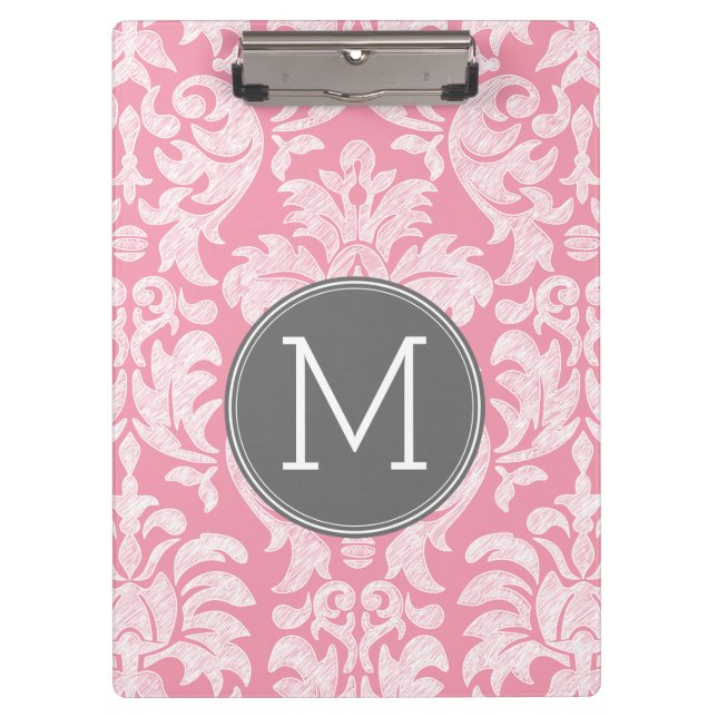 Pastel Pink & Gray Damask Pattern Custom Monogram Clipboard (Front)