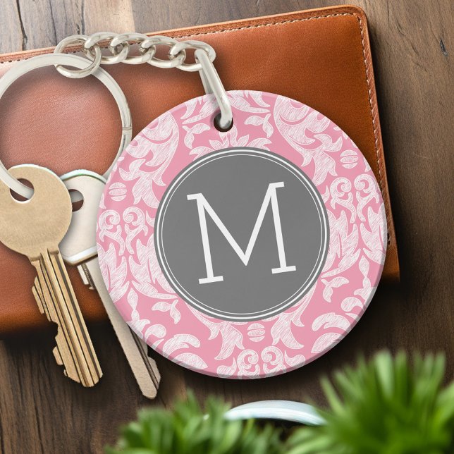 Pastel Pink & Gray Damask Pattern Custom Monogram Keychain (Personalized Keychain - pink and gray with monogram)