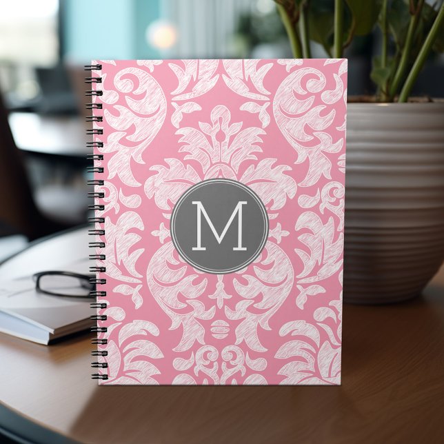 Pastel Pink & Gray Damask Pattern Custom Monogram Notebook (Personalized notebook - add monogram and custom text)