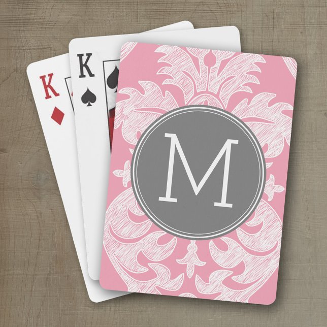 Pastel Pink & Gray Damask Pattern Custom Monogram Poker Cards (Personalized playing cards with an area for text such as a name or monogram)
