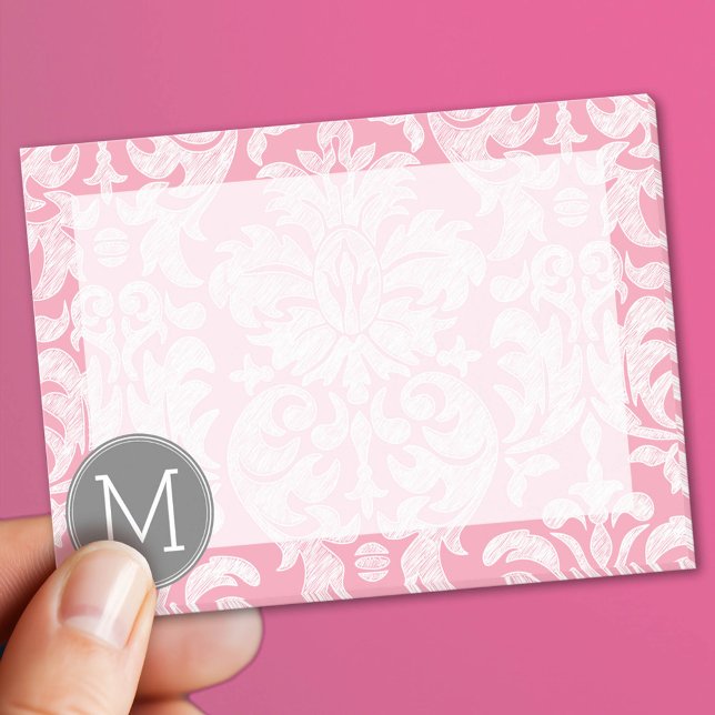 Pastel Pink & Gray Damask Pattern Custom Monogram Post-it Notes (Custom Post It Notepad)