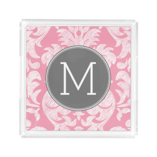 Pastel Pink & Gray Damask Pattern Custom Monogram Serving Tray