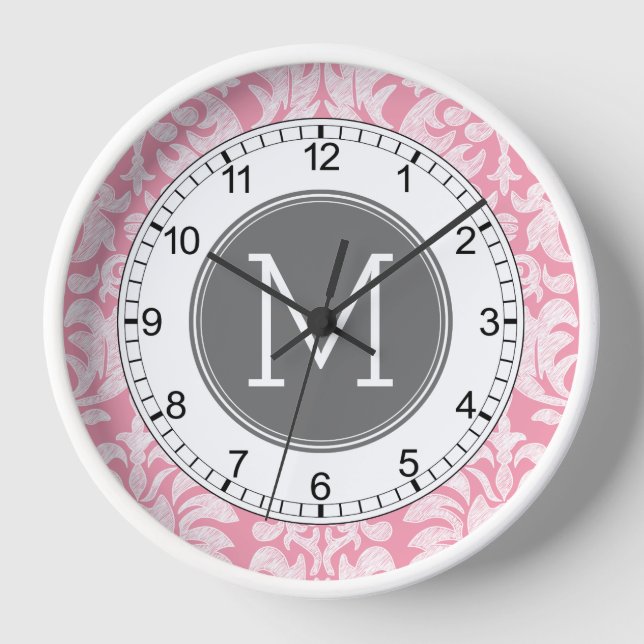 Pastel Pink & Gray Damask Pattern Custom Monogram Wall Clock (Front)