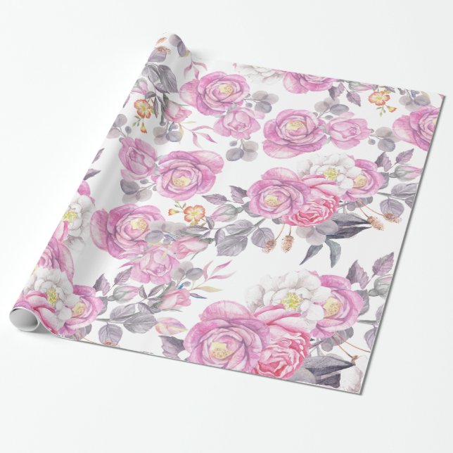 Pastel pink gray elegant country roses flowers wrapping paper (Unrolled)