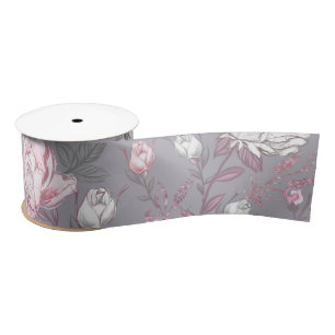 PASTEL PINK & GRAY FLOWERS SATIN RIBBON