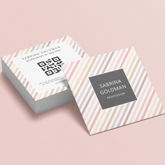Pastel Pink Gray Gold Stripes QR CODE Square Business Card (Creator Uploaded)