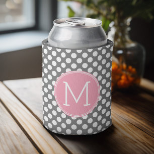 Pastel Pink & Gray Polka Dots - Classic Monogram Can Cooler