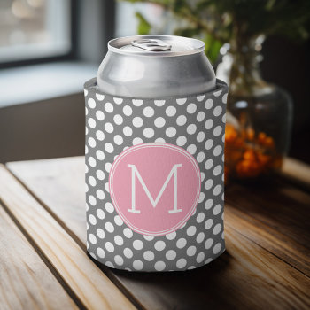 Pastel Pink & Gray Polka Dots - Classic Monogram Can Cooler by iphone_ipad_cases at Zazzle
