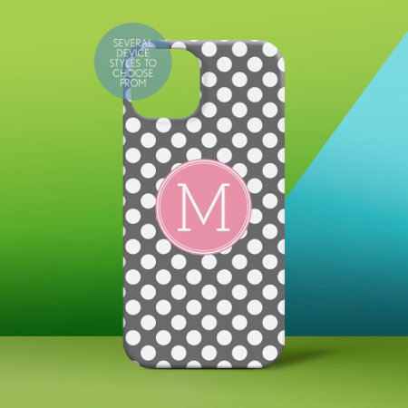 Pastel Pink & Gray Polka Dots With Custom Monogram Iphone 15 Case