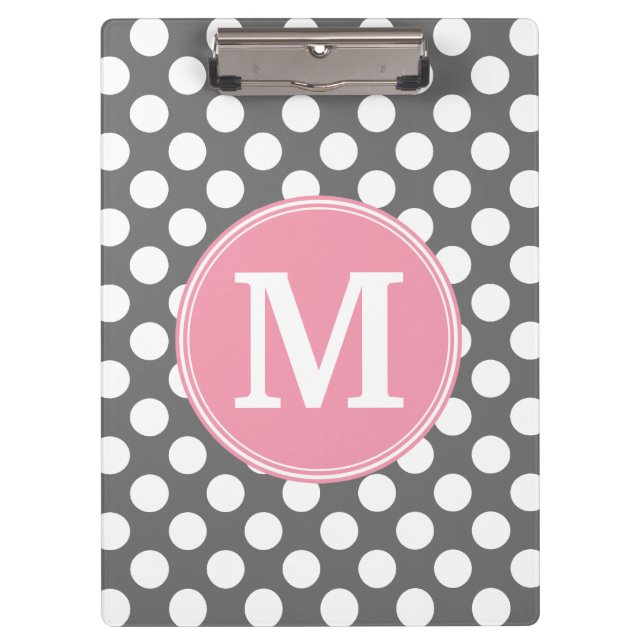 Pastel Pink & Gray Polka Dots with Custom Monogram Clipboard (Front)