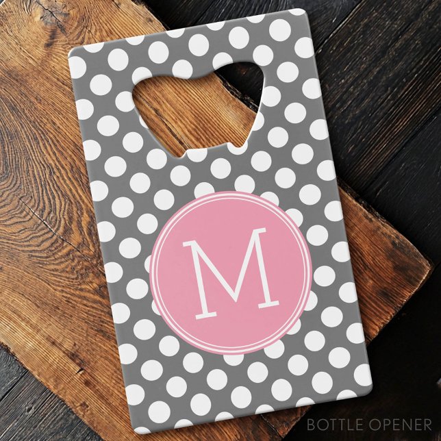 Pastel Pink & Gray Polka Dots with Custom Monogram Credit Card Bottle Opener (Custom Bottle Opener - Card Style)
