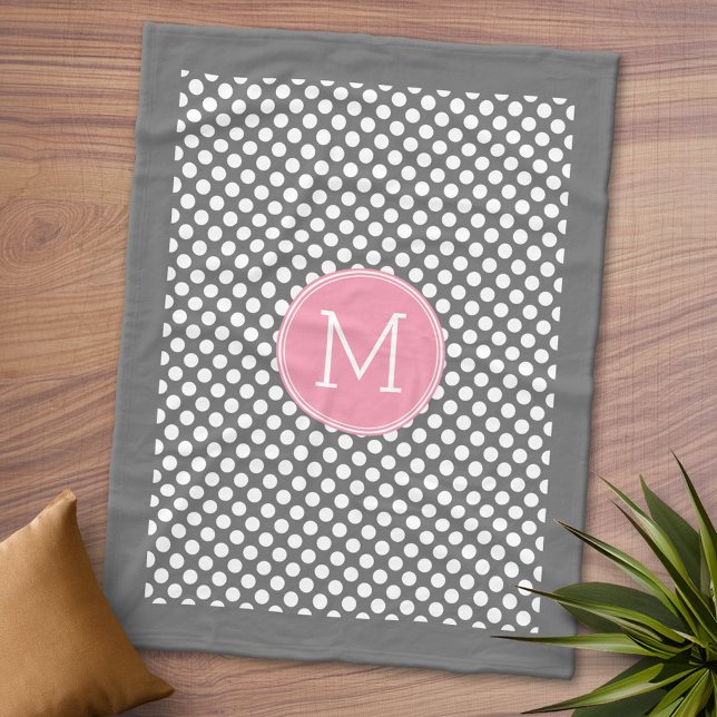 Pastel Pink & Gray Polka Dots with Custom Monogram Fleece Blanket (Personalized Fleece Blanket - Add Monogram)
