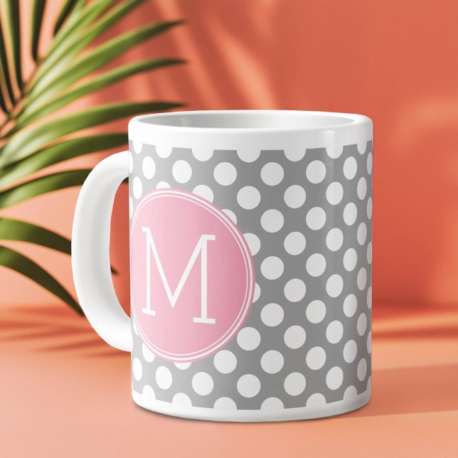 Pastel Pink & Gray Polka Dots with Custom Monogram Giant Coffee Mug (Custom Monogram Mug)