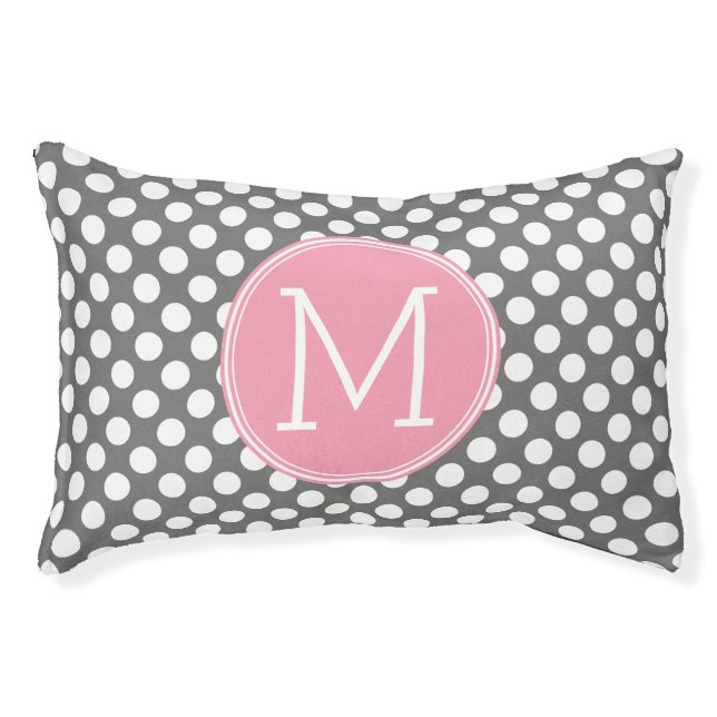 Pastel Pink & Gray Polka Dots with Custom Monogram Pet Bed (Front)
