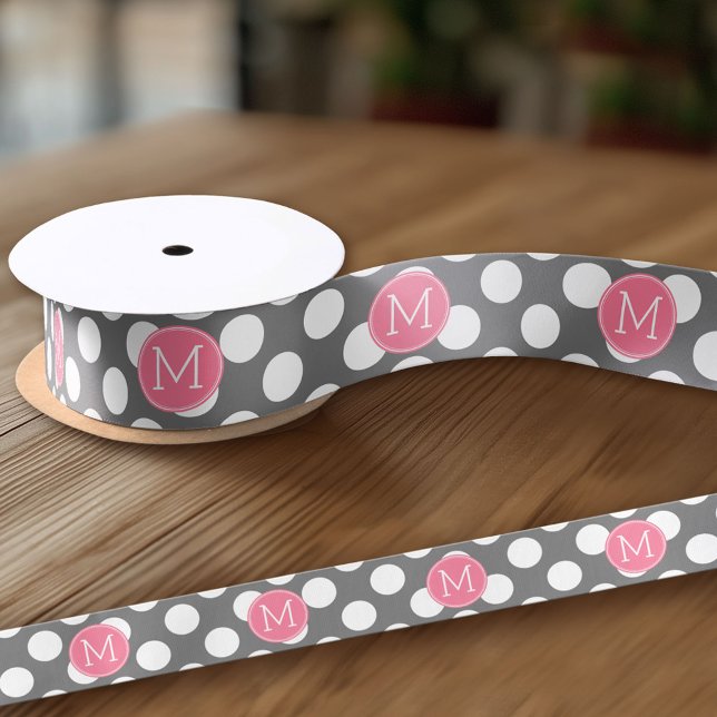 Pastel Pink & Gray Polka Dots with Custom Monogram Satin Ribbon (Custom Ribbon - add your personalized text)