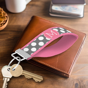 Pastel Pink & Gray Polka Dots With Custom Monogram Wrist Keychain by iphone_ipad_cases at Zazzle