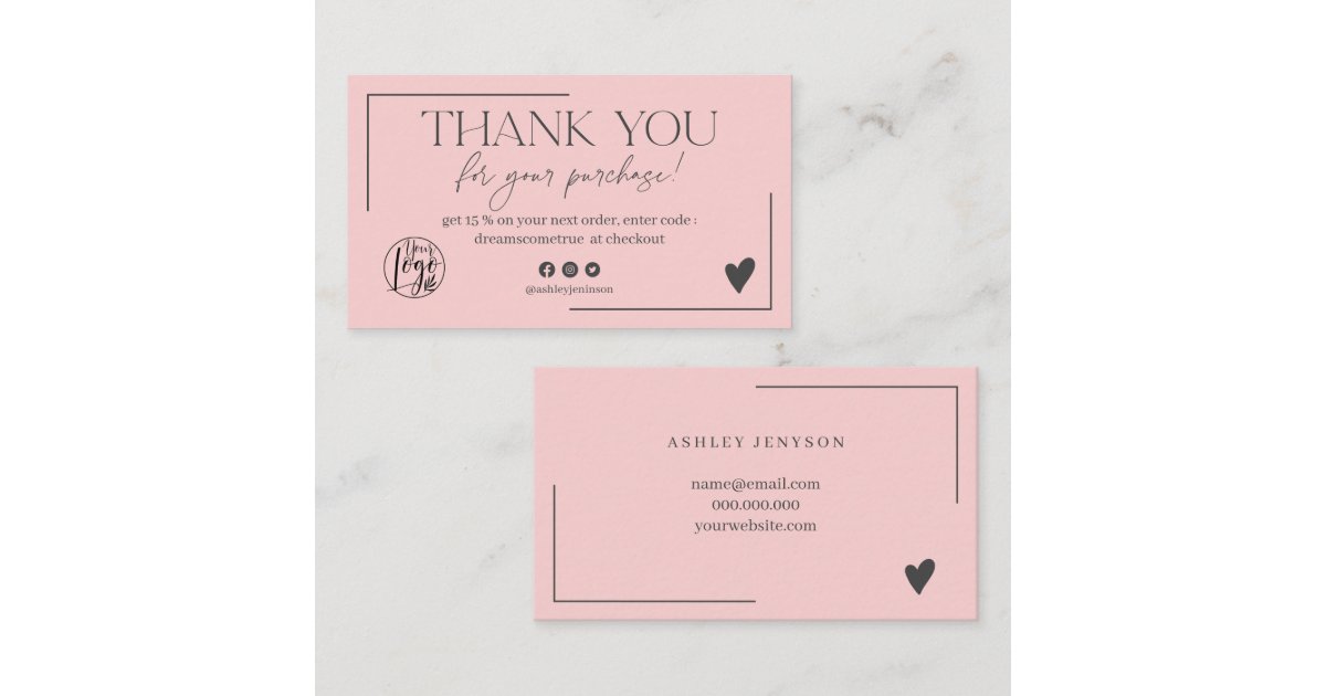 Pastel pink gray script order thank you business card | Zazzle