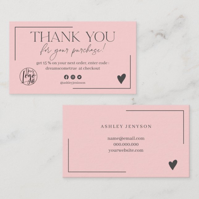 Pastel pink gray script order thank you business card (Front/Back)