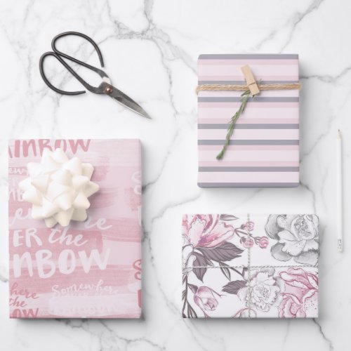 PASTEL PINK GRAY WHITE FLOWERS  STRIPES WRAPPING PAPER SHEETS