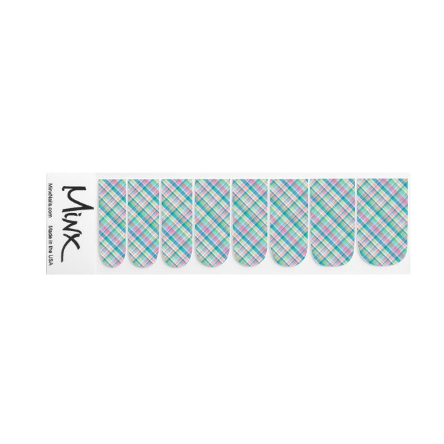 Pastel Pink, Green, Blue & White Plaid Minx Nail Art (Left Hand)