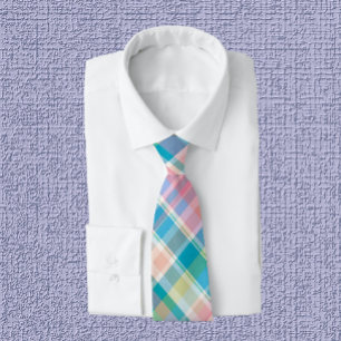 Pastel Pink, Green, Blue & White Plaid  Neck Tie
