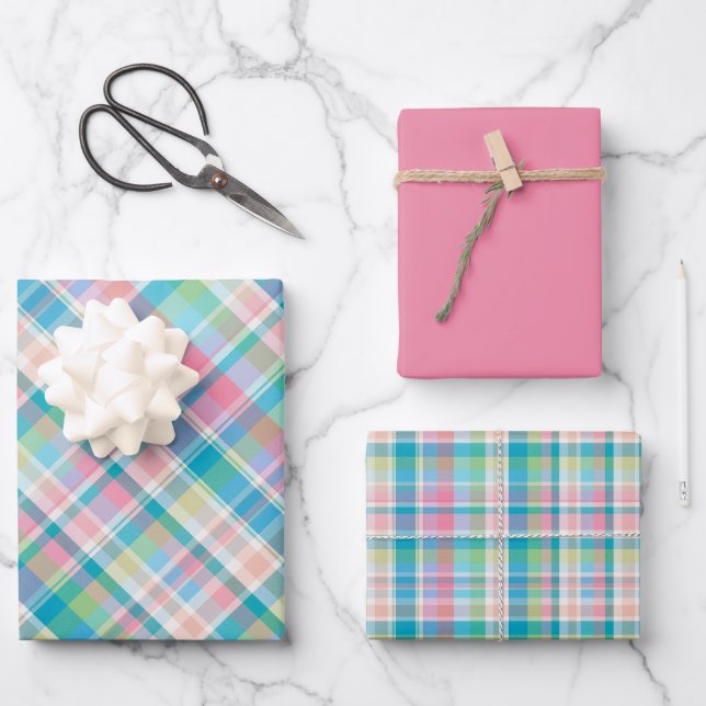 Pastel Pink, Green, Blue & White Plaid Wrapping Paper Sheets (Front)