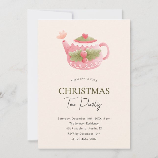 Pastel Pink Green Christmas Tea Party  Invitation (Front)