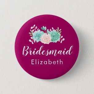 Pastel Pink & Green Floral Bouquet Bridesmaid Pinback Button