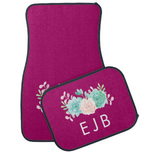 Pastel Pink & Green Floral Bouquet Monogram Car Mat