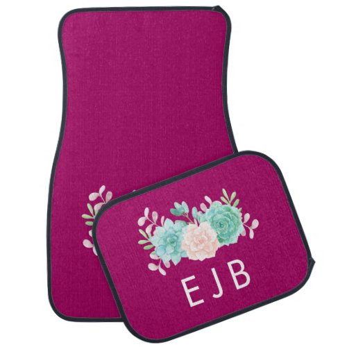 Pastel Pink  Green Floral Bouquet Monogram Car Mat