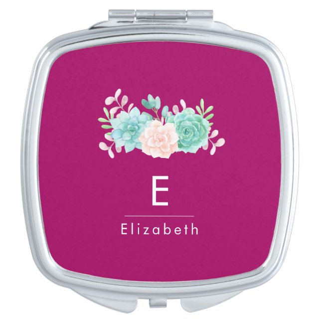 Pastel Pink & Green Floral Bouquet Monogram Makeup Mirror (Front)