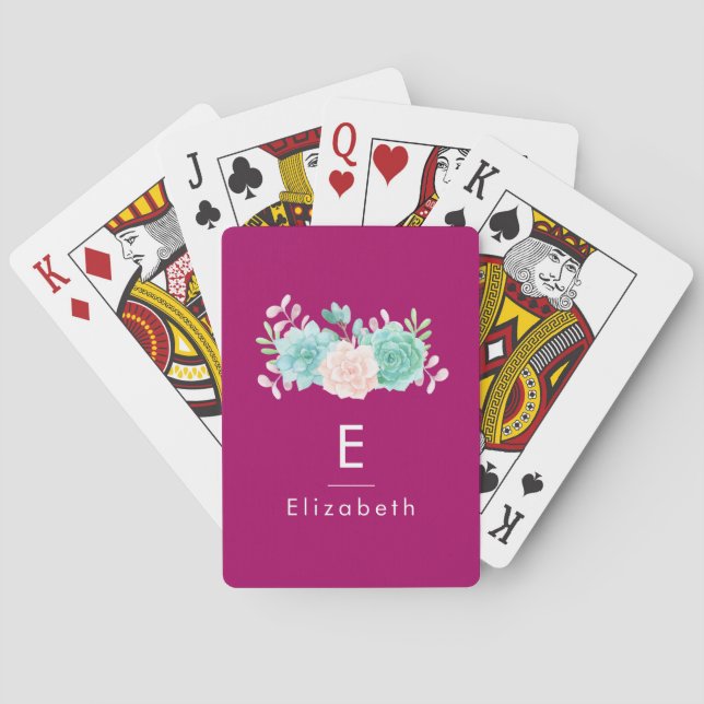 Pastel Pink & Green Floral Bouquet Monogram Poker Cards (Back)
