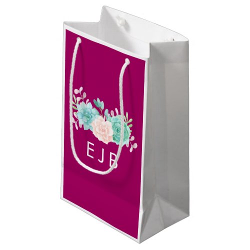 Pastel Pink  Green Floral Bouquet  Monogram Small Gift Bag