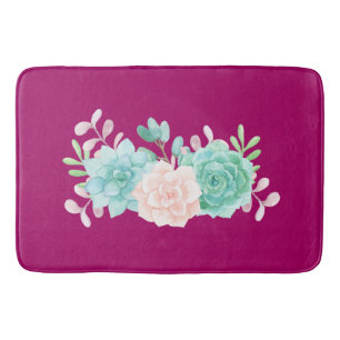 Pastel Pink & Green Floral Bouquet on Magenta Back Bathroom Mat
