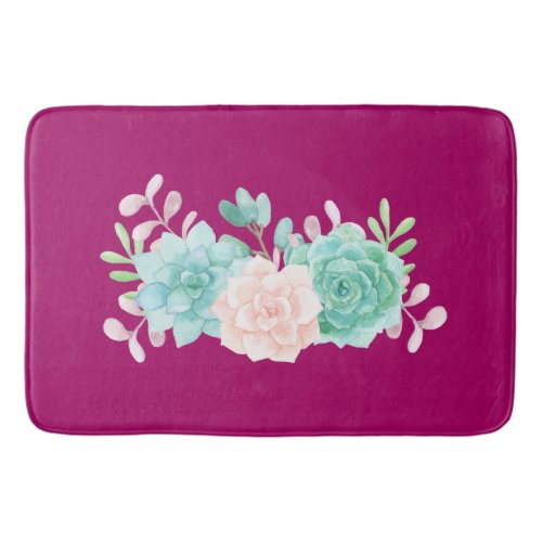 Pastel Pink  Green Floral Bouquet on Magenta Back Bathroom Mat