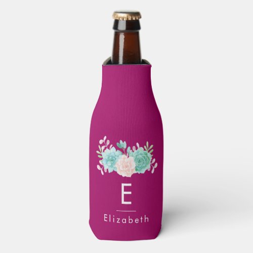 Pastel Pink  Green Floral Bouquet on Magenta Back Bottle Cooler