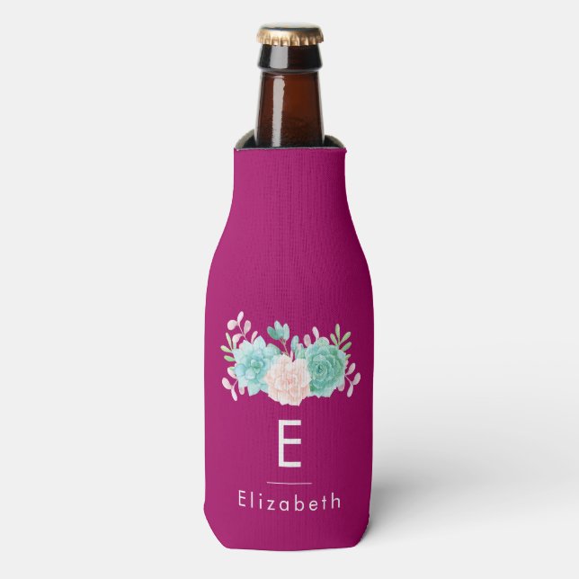 Pastel Pink & Green Floral Bouquet on Magenta Back Bottle Cooler (Bottle Front)