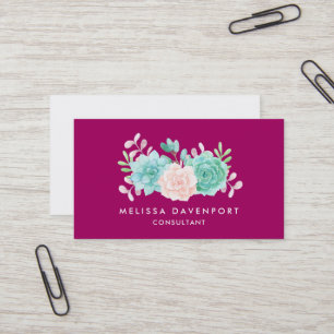 Pastel Pink & Green Floral Bouquet on Magenta Back Business Card