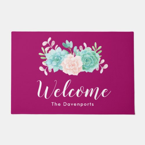 Pastel Pink  Green Floral Bouquet on Magenta Back Doormat