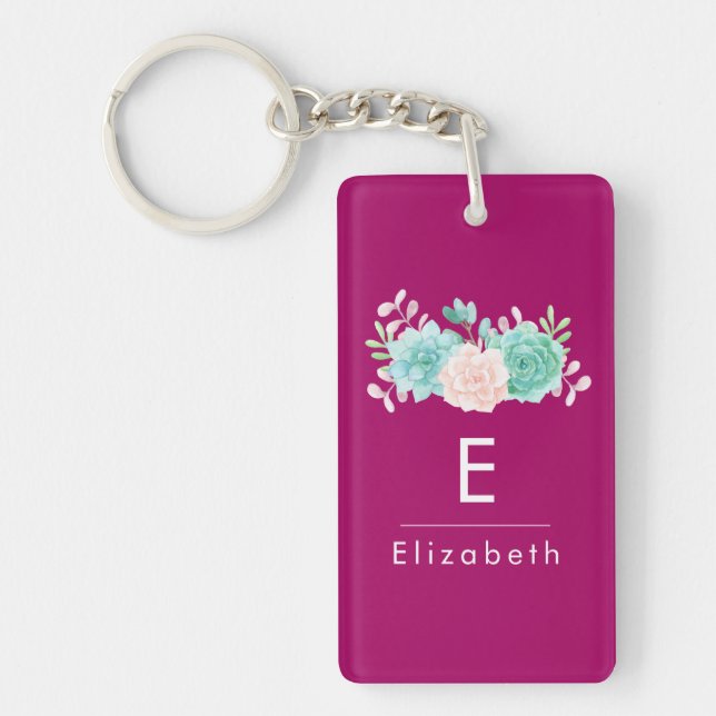 Pastel Pink & Green Floral Bouquet on Magenta Back Keychain (Front)