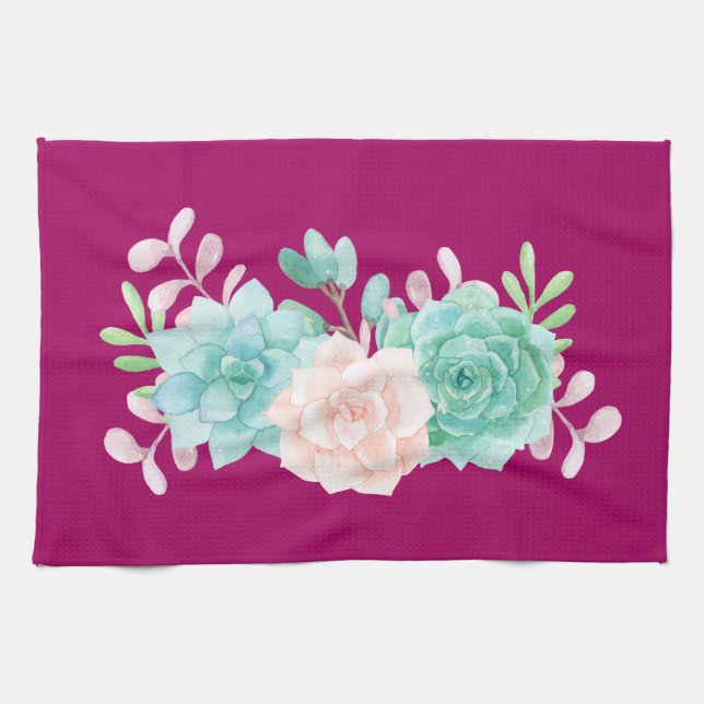 Pastel Pink & Green Floral Bouquet on Magenta Back Kitchen Towel (Horizontal)