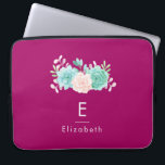Pastel Pink & Green Floral Bouquet on Magenta Back Laptop Sleeve<br><div class="desc">A laptop sleeve customized with a name and monogram initial designed with a magenta background. A pastel watercolor flower bouquet at the top. The flowers,  leaves and sprigs are pastel pink and green. Created with watercolor paint and digitized. Fresh and summery.</div>