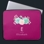Pastel Pink & Green Floral Bouquet on Magenta Back Laptop Sleeve<br><div class="desc">A laptop sleeve customized with a name and monogram initial designed with a magenta background. A pastel watercolor flower bouquet at the top. The flowers,  leaves and sprigs are pastel pink and green. Created with watercolor paint and digitized. Fresh and summery.</div>