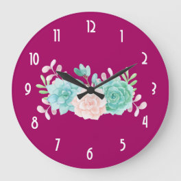 Pastel Pink & Green Floral Bouquet on Magenta Back Large Clock