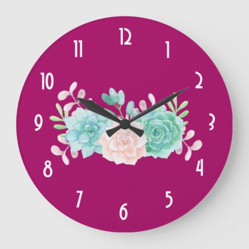 Pastel Pink  Green Floral Bouquet on Magenta Back Large Clock