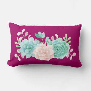 Pastel Pink & Green Floral Bouquet on Magenta Back Lumbar Pillow