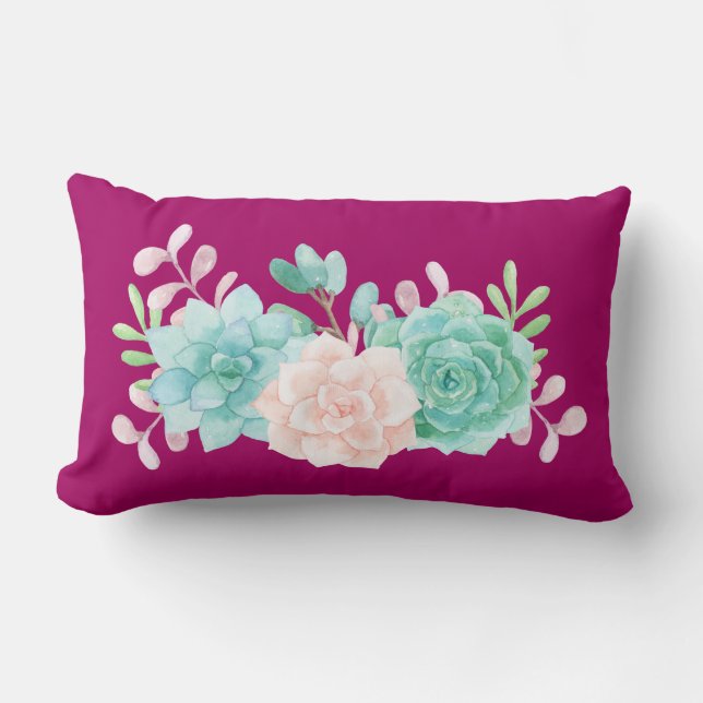Pastel Pink & Green Floral Bouquet on Magenta Back Lumbar Pillow (Front)