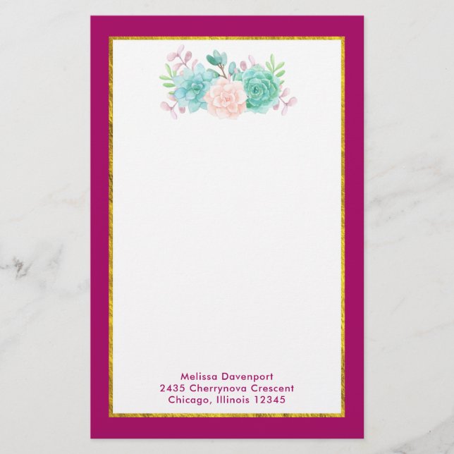 Pastel Pink & Green Floral Bouquet on Magenta Back Stationery (Front)