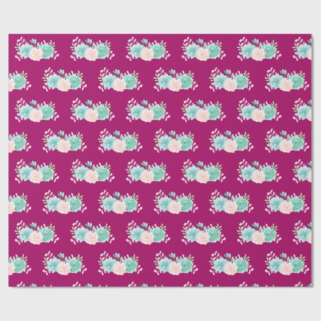 Pastel Pink & Green Floral Bouquet on Magenta Back Wrapping Paper (Flat)